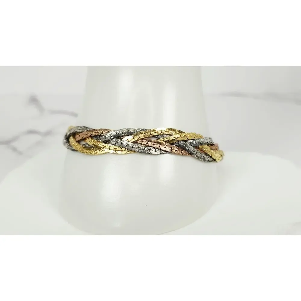 Vintage Tri-Color Braided Herringbone Chain Bracelet Gold Silver Rose 7.5